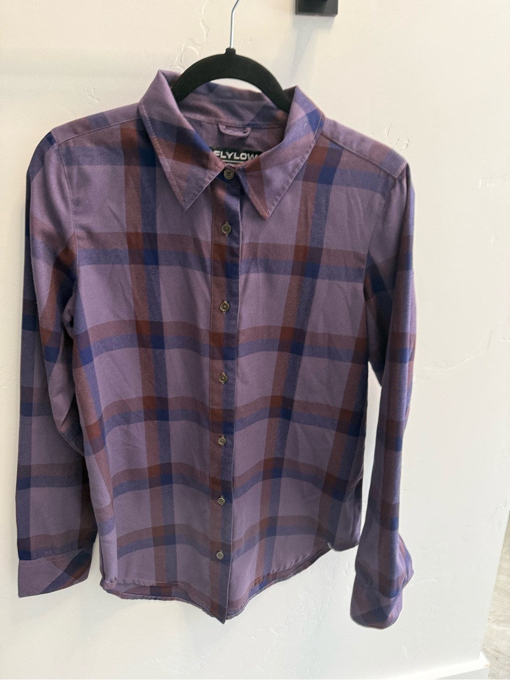Women's Purple Plaid Button-Down Shirt, Flylow size medium